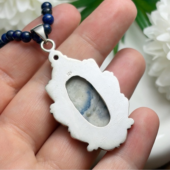 Garnet & Blue Scheelite Pendant Necklace Jewelry Set Lot Sapphire Earrings 925 - Picture 7 of 8